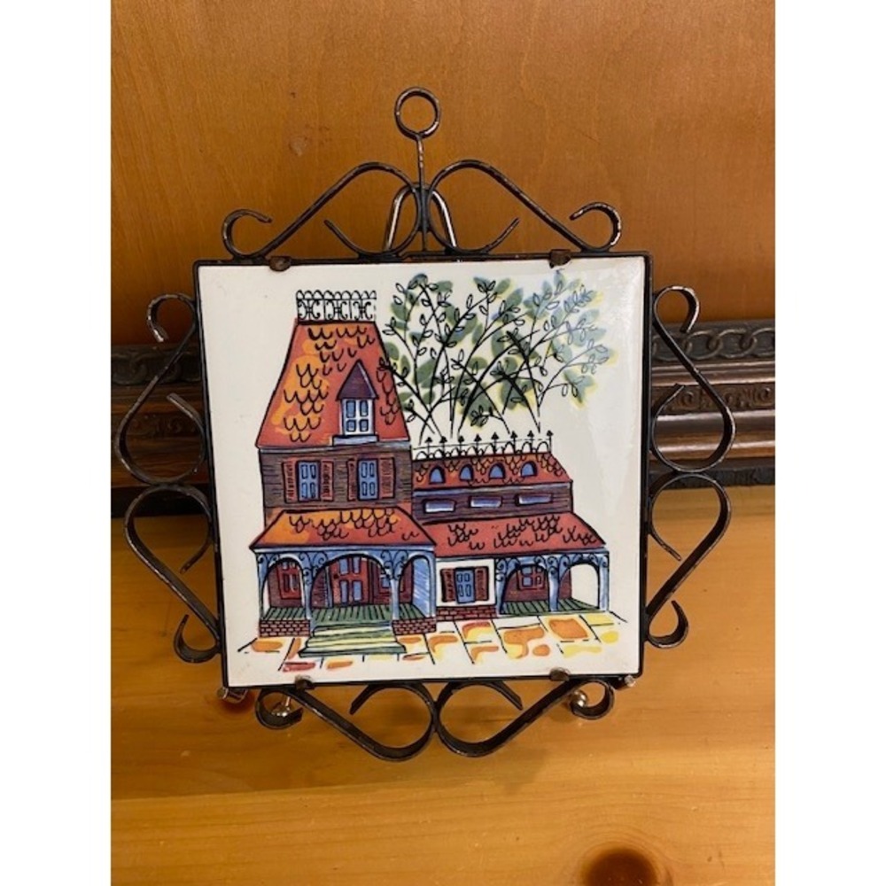 Vintage Wheeling Ceramic Tile Trivet Hand Painted Victorian House Wrought Iron